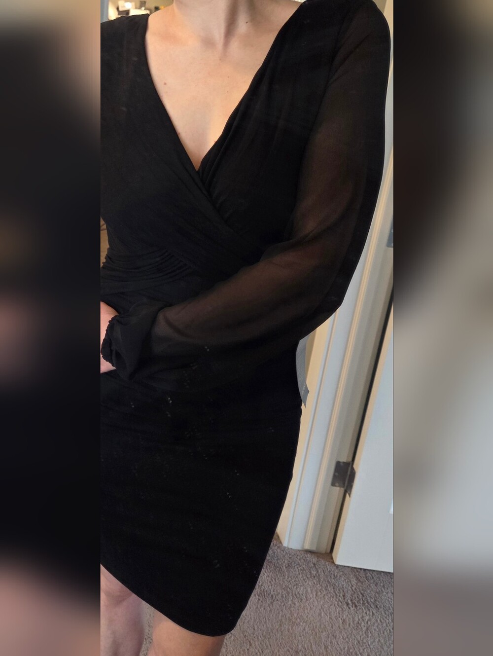 NEW Bebe Black Wrapped Bodice Dress with Sheer Balloon Sleeves - Size Medium NWT